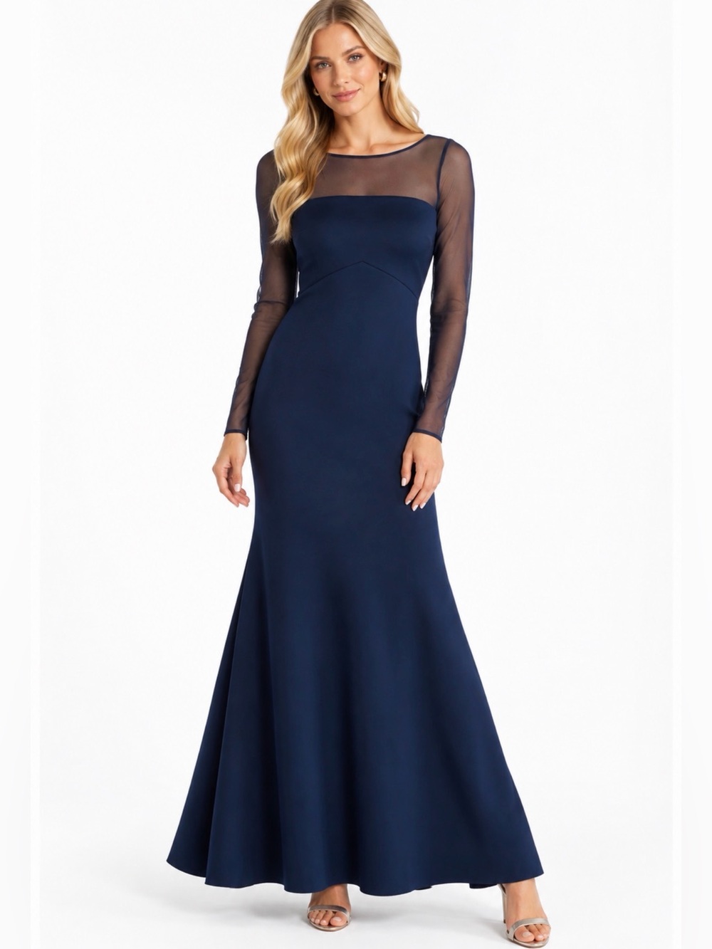Eliza J Navy Long Sleeve Sheer Yoke Gown 4